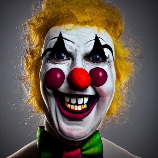 Prompt: A photograph of a nice clown that does not want to eat my soul, studio quality, studio lighting,