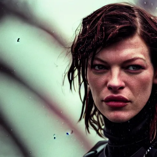 Image similar to cinestill 5 0 d candid photographic portrait by stanley kubrick of milla jovovich wearing rugged black mesh techwear in treacherous waters, flooded city, medium closeup, retrofuturism cyberpunk moody emotional cinematic, pouring iridescent rain, 8 k, hd, high resolution, 3 5 mm, f / 3 2, ultra realistic face, ex machina