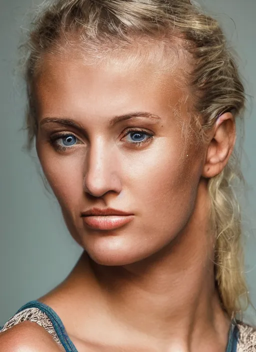 Prompt: photograph of an olive skinned blonde female model in her late twenties, her hair pinned up, wearing a designer top, looking content, focused on her neck, facing the camera, photo realistic, extreme detail skin, natural beauty, no filter, slr, golden hour, 4 k, high definition, selfie, by steve mccurry