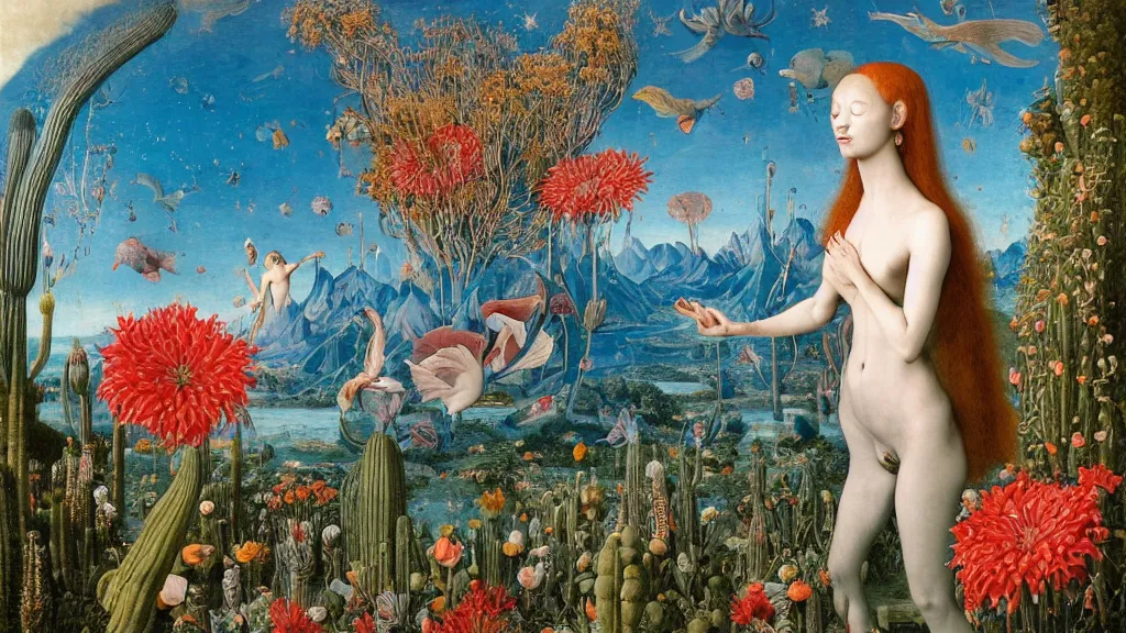 Image similar to a fish eye lense photograph of a meditating harpy mermaid surrounded by towering bulbous flowers. wide landscape with mountains, river delta. clear blue sky with stars. painted by jan van eyck, max ernst, ernst haeckel and ernst fuchs. trending on artstation, 8 k, award winning, fashion editorial, mythology, photorealistic, cacti everywhere