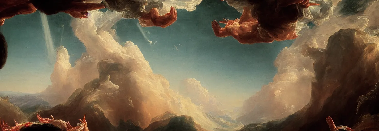 Image similar to a painting of a hand descending from the clouds demanding payment, in the style of an epic Thomas Cole painting