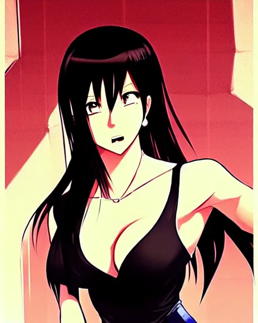 Prompt: tifa wearing tank suit, seductive pose and smile, room background | very very anime!!!, fine - face, audrey plaza, realistic shaded perfect face, fine details. anime. realistic shaded lighting poster by ilya kuvshinov katsuhiro otomo ghost, magali villeneuve, artgerm, jeremy lipkin and michael garmash and rob rey