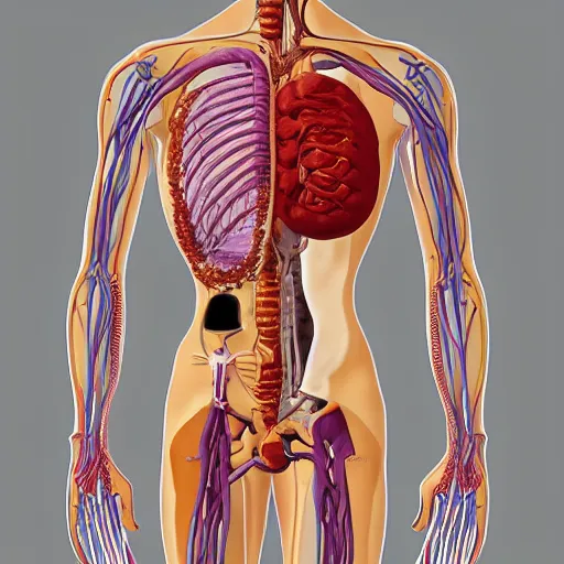 Prompt: Minimalist interpretation of a dissected human, organs in exploded view, realistic anatomy, textbook