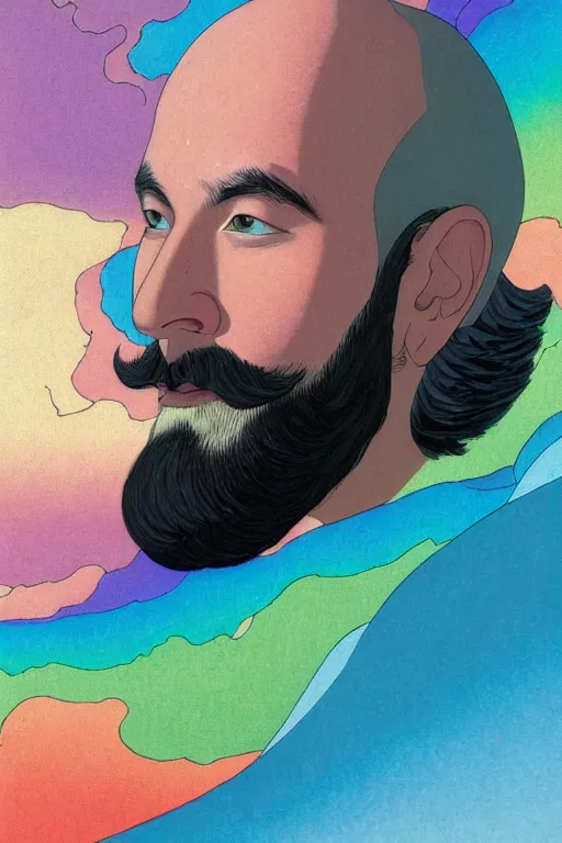 Image similar to a colorful closeup portrait of a young bald man with a very long wild beard dreaming psychedelic hallucinations in the vast icy landscape of antarctica, by kawase hasui, moebius and edward hopper, colorful flat surreal design, hd, 8 k, artstation