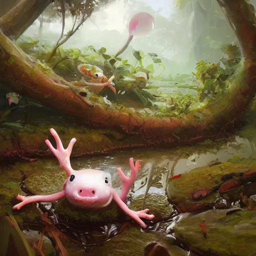 Image similar to Cute marshmallow axolotl crawling from a cacao swamp, salamander, candy world, oil painting, by Greg Rutkowski