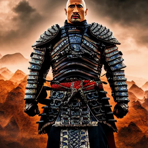 Image similar to asian dwayne johnson as a noble samurai paladin in shining armor, intricate fractal armor, cinematic, studio photography, high detail, ultra high detail, 4 k, hdr, 8 k