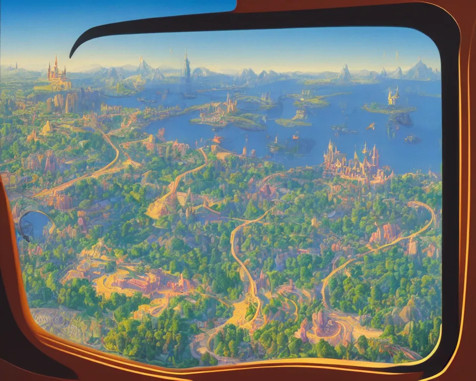 Prompt: an achingly beautiful print of Disneyland and surrounding area as seen through the window of a private jet by Raphael, Hopper, and Rene Magritte. detailed, romantic, enchanting, trending on artstation.