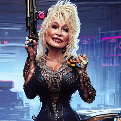 Prompt: closeup of Dolly Parton holding a pimp shotgun, cyberpunk 2077 setting, intricate, elegant, highly detailed, digital painting, artstation, concept art, matte, sharp focus, illustration, hearthstone, art by Artgerm and Greg Rutkowski and Alphonse Mucha