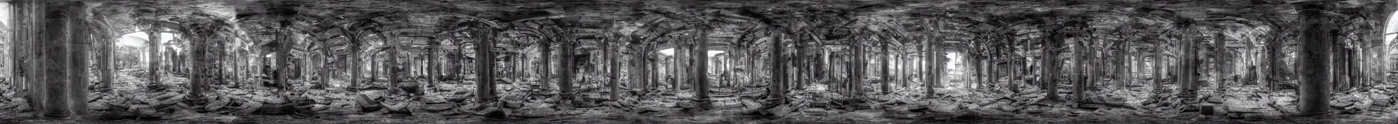 Image similar to photo of an immersive forgotten panopticon well, with columns and destroyed cybernetics from an ancient civilization, photorealistic, higly detailed dark, 3 6 0 picture, panorama, 3 5 mm slide, trending on flickr, in the style of francesca woodman, zachary corzine, zhelong xu, greg rutkowski and anders zorn