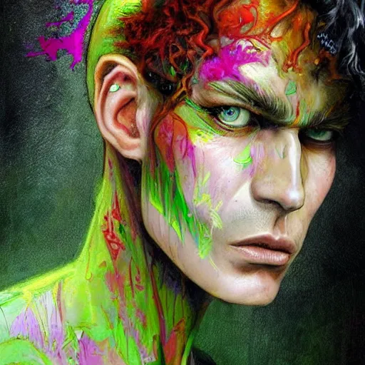 Image similar to a Demon Slayer portrait of Jamie Savile, tall, pale-skinned, slender with lime green eyes and long eyelashes by Stanley Artgerm, Tom Bagshaw, Arthur Adams, Carne Griffiths, trending on Deviant Art, street art, face enhance, chillwave, maximalist, full of color, glittering