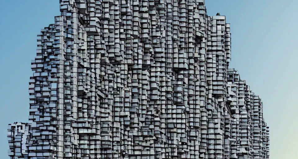Image similar to buildings stacked like tetris blocks, very detailed, low angle photography, soft lighting, artstation,