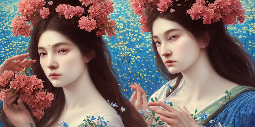 Image similar to breathtaking detailed concept art painting portrait of the goddess of nemophila flowers, orthodox saint, with anxious piercing eyes, ornate background, amalgamation of leaves and flowers, by hsiao - ron cheng, extremely moody lighting, 8 k