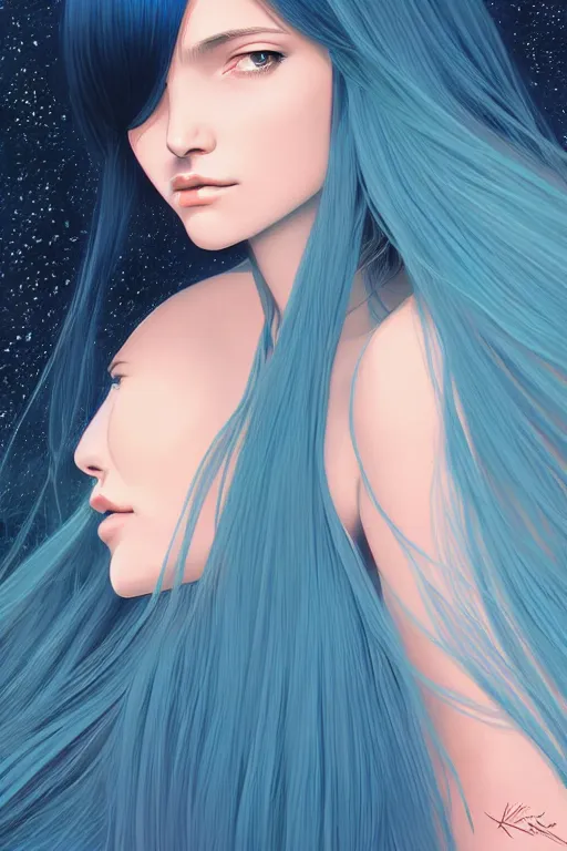 Prompt: centered detailed portrait of a beautiful intimate woman with long blue interstellar galaxy hair, by Ilya Kuvshinov
