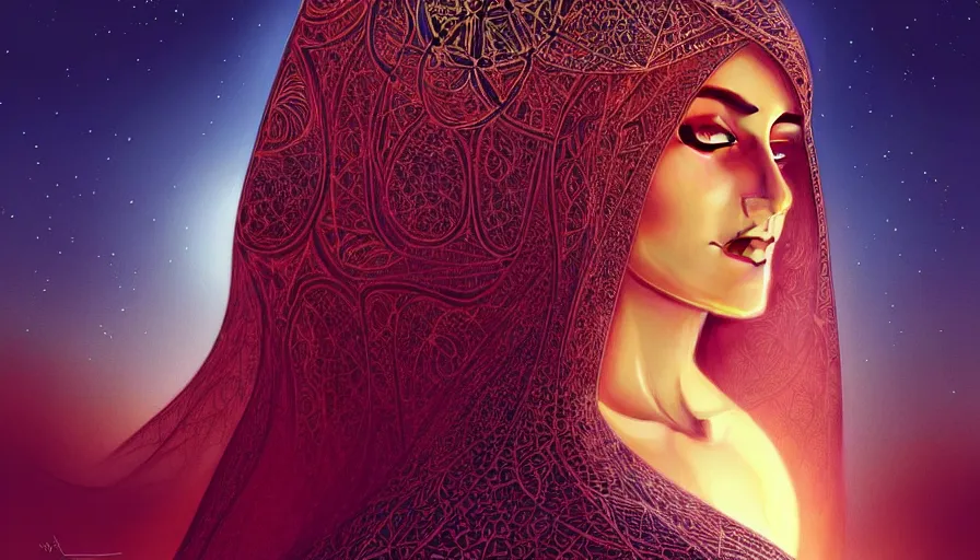 Image similar to Portrait of very very very very very very beautiful Arab woman wearing a Niqab, glowing magical eyes, energy trails, under giant full moon in the desert, intricate, elegant, highly detailed, digital painting, artstation, concept art, smooth, sharp focus, illustration, art by artgerm and greg rutkowski and alphonse mucha