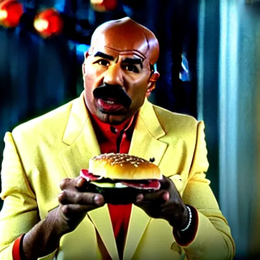 Prompt: steve harvey on the set of pulp fiction eating a cheeseburger