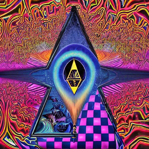 Image similar to Psychedelic Inter-dimensional freemasonic occultic chequered trippy dreamscape in the style of a photo-realistic album cover by Howard Finster, Michael Cheval (unreal engine, 3d highly detailed, 8k, UHD, fantasy, dream, otherworldly, bizzare, spirals, colourful, vivid)