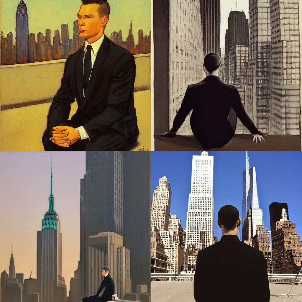 Prompt: man in black, meditation pose, new york city buildings behind him, leyendecker style