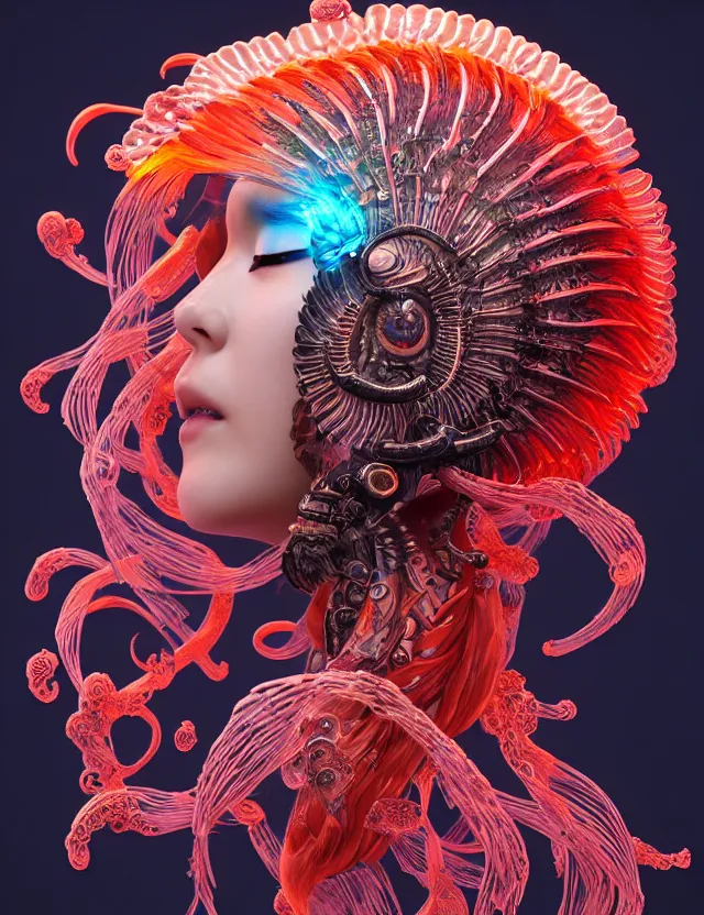 Image similar to 3 d goddess close - up profile portrait with ram skull. beautiful intricately detailed japanese crow jellyfish phoenix, bio luminescent, plasma kitsune mask and clasical japanese kimono. betta fish, jellyfish phoenix, bio luminescent, plasma, ice, water, wind, creature, artwork by tooth wu and wlop and beeple and greg rutkowski