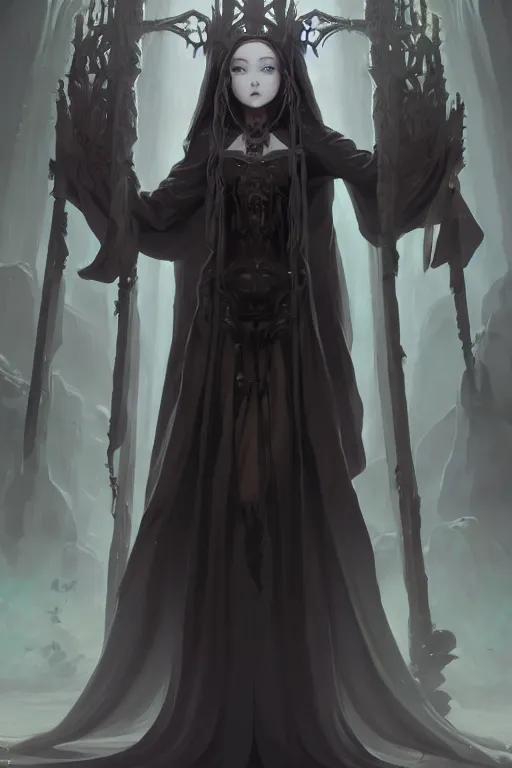 Prompt: a beautiful eldritch priestess girl standing on an altar wearing thick black robes | | lofi cute - fine - face, pretty face, fine details by stanley artgerm lau, wlop, rossdraws, james jean, andrei riabovitchev, marc simonetti, and sakimichan, trending on artstation