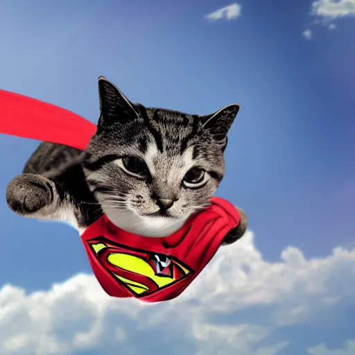 Prompt: the cat dressed as superman is flying in the sky