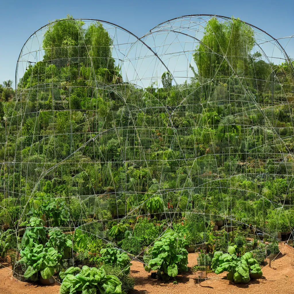 Image similar to terraformation project, permaculture, torus shaped electrostatic water condensation collector tower, irrigation system in the background, vertical vegetable gardens under shadecloth and hexagonal frames, in the middle of the desert, XF IQ4, 150MP, 50mm, F1.4, ISO 200, 1/160s, natural light