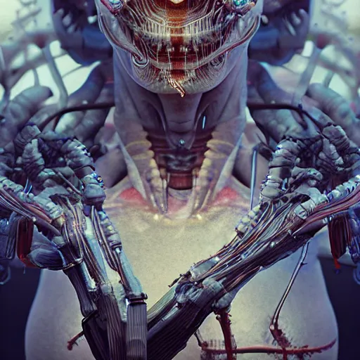 Image similar to biopunk cyborg awakening highly detailed anatomy in the style of beeple, award winning, cg society, unreal engine, photorealistic, hyperrealism, intricate