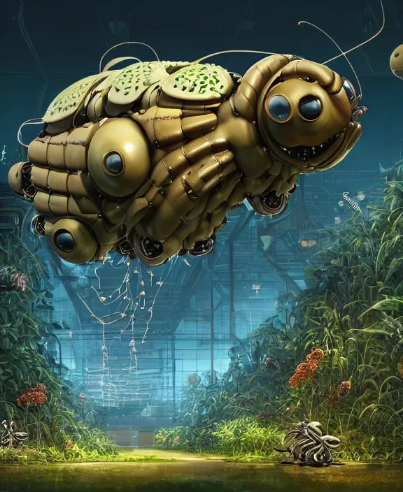 Image similar to a giant industrial plant made out of seamless isopod dragonflies, in the style of a puffy robot, overgrown with orchids, partly cloudy, somber, dramatic lighting, by dan mumford, yusuke murata, makoto shinkai, ross tran, cinematic, unreal engine, cel shaded, featured on artstation, pixiv