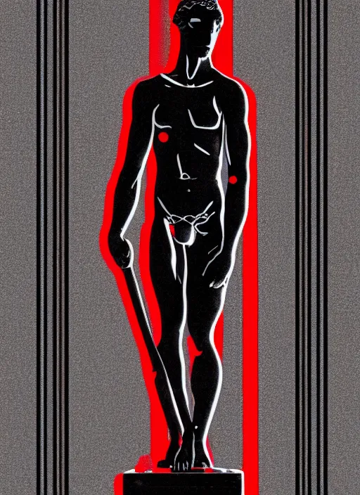 Image similar to black background, grey greco roman statue, thin red lines, gritty, dark, thin lines, vaporwave