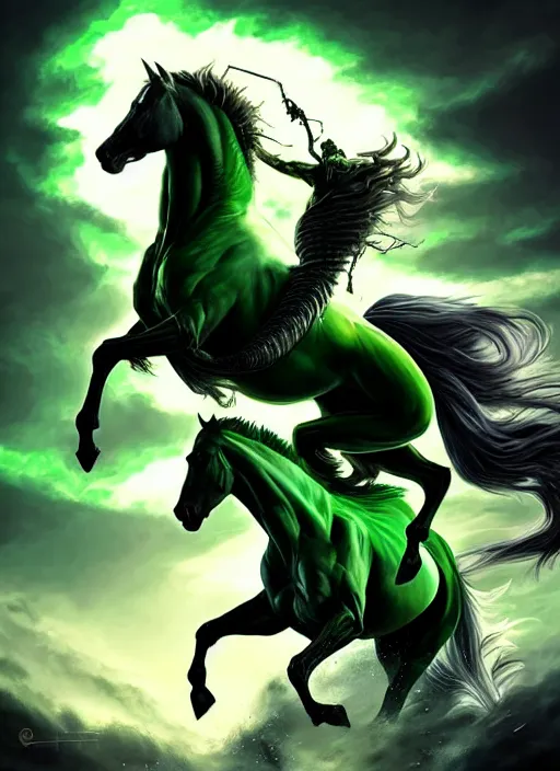 Image similar to the singular horseman of the apocalypse is riding a strong fierce ferocious rabid undead green stallion, horse is up on its hind legs, the strong male rider is death with a scithe, beautiful artwork by artgerm and rutkowski, breathtaking, dramatic, full view