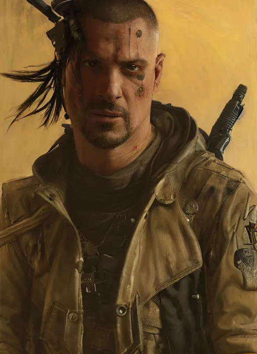 Prompt: big mike. cyberpunk mercenary with tattoos wearing a military vest and combat gear. (Cyberpunk 2077, bladerunner 2049). Iranian orientalist portrait by john william waterhouse and Edwin Longsden Long and Theodore Ralli and Nasreddine Dinet, oil on canvas. Cinematic, hyper realism, realistic proportions, dramatic lighting, high detail 4k