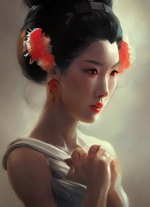 Image similar to hyper realistic geisha, by greg rutkowski, by artgerm