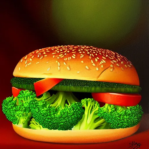 Prompt: a cat eats a multilayer vegetarian broccoli burger, highly detailed, digital painting, sharp focus, fantasy art