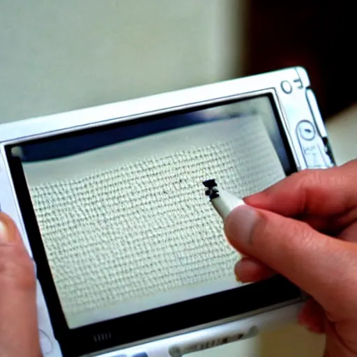 Image similar to a hand holding a nintendo DS, on the screen of the Nintendo DS is a 8bit photo of Mozart Writing a piece on a piece of paper.