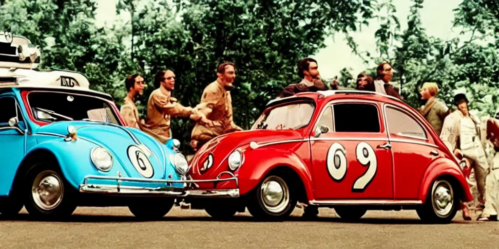 Image similar to promotion movie still of the car in'herbie'film ( 1 9 6 8 ). cinematic, 4 k, imax, 7 0 mm