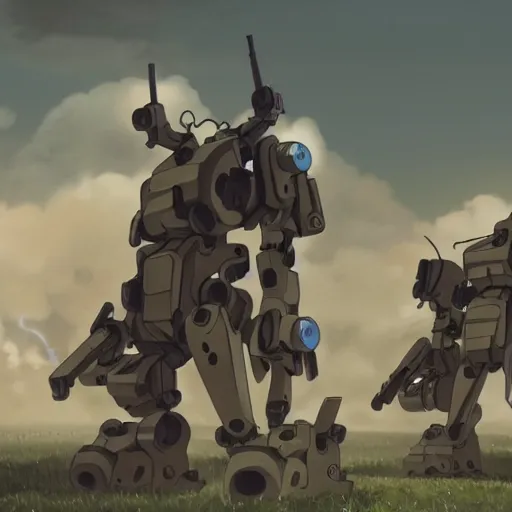 Image similar to a mech with guns on each arm preparing for combat, battlefield, dead trees, fire, smoke, dark clouds, slightly sunny, ominous, intense, epic, extremely detailed, cinematic lighting, studio ghibli, anime,