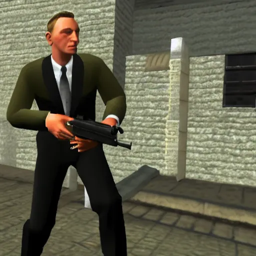 Prompt: a video game with daniel craig as james bond, ps 1 graphics