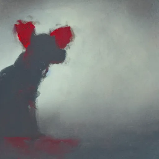 Prompt: A red dog sitting in the middle with red spots. in the art style of William Turner. Dramatic lighting, minimal painting, high resolution. Positive vibes