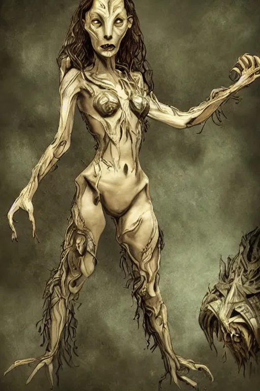 Prompt: beautiful siren, deceptive monster, creature concept art, weta studios, Guillermo Del Toro, pans labyrinth