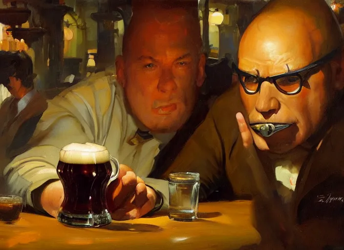 Prompt: greg manchess still - life painting of a delicious mug of beer in an orcish dieselpunk bar, close - up, organic painting, matte painting, bold shapes, hard edges, street art, trending on artstation, by huang guangjian and gil elvgren and sachin teng