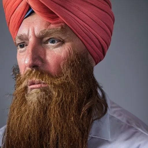 Prompt: a portrait of donald trump wearing a long beard and a turban joining the taliban, fine details, close up, 8 k photography, depth of field, bokeh. i