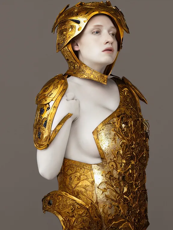Image similar to a dramatically lit art nouveau white marble head and torso sculpture of a worried young christina hendricks, wearing intricate gold plate armor on her chest and a golden helmet, delicate, intricate, smooth, beautiful, glowing, by charles van der stappen
