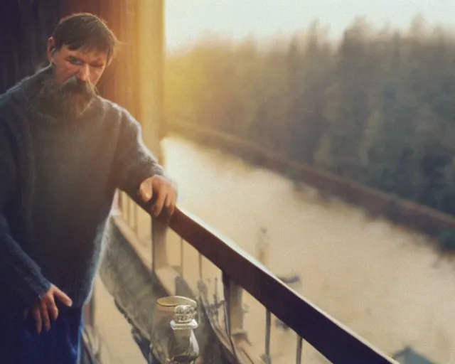 Image similar to lomographic tarkovsky film still of 4 0 years russian man with beard and sweater standing on small hrushevka 9 th floor balcony in taiga looking at sunset, perfect faces, cinestill, bokeh