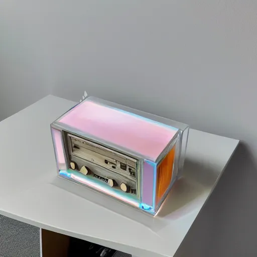 Image similar to an ultra high definition professional studio quality photograph of a transparent iridescent perspex pastel coloured tape player on a bedside table in an empty white room. dramatic lighting, ray tracing, refraction, shallow d. o. f, colour corrected, golden ratio, three point light. volumetric shadows. god rays.