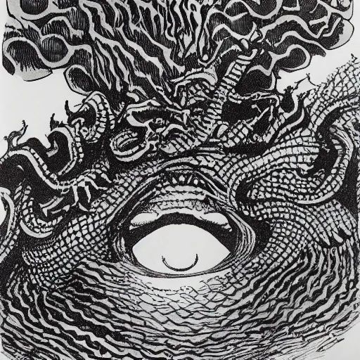 Image similar to deep camouflage angry toad evil eyes poking out eyes from under the water ultra sharp blur background simple background psychedelic contour ink drawing gustave dore katshushika Hokusai big eyes