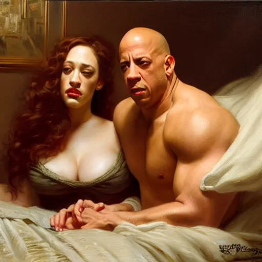 Image similar to vin diesel is in his bed, nervous and terrified, because kat dennings from hell is attacking him. highly detailed painting by gaston bussiere, j. c. leyendecker, greg rutkowski, craig mullins 8 k