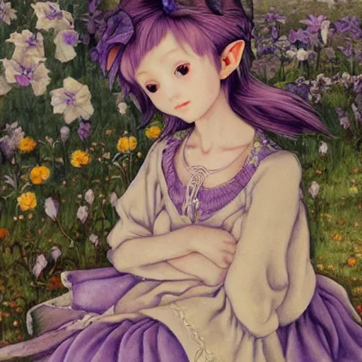 Image similar to little elf girl, tunic, soft hair. light color palate, purple, yellow and white. detailed soft painting, ayami kojima, made in abyss, anatomically correct, inspired in balthus, high detailed face anime, vogue magazine