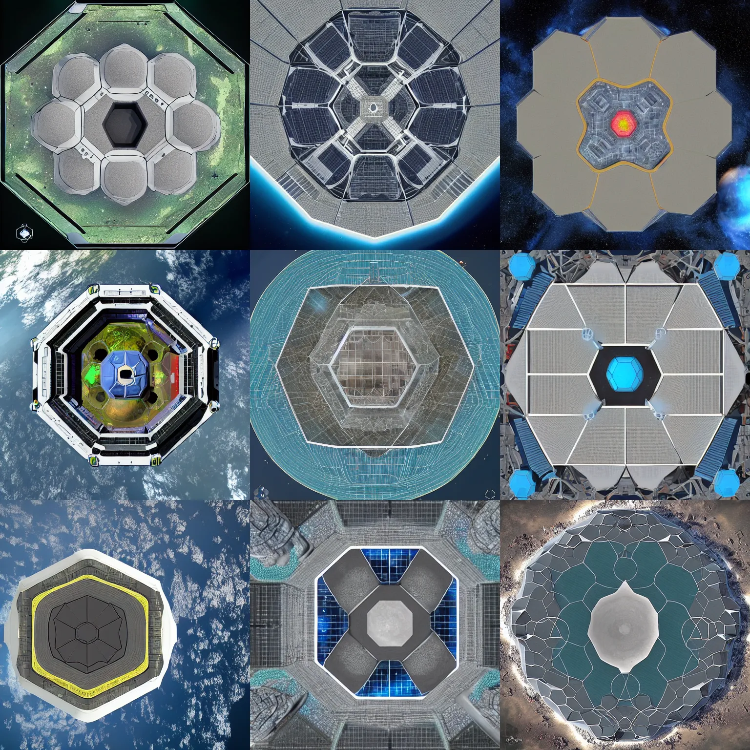 Prompt: six sided, hexagonal planetary space base, seen from above, by paul chadeisson