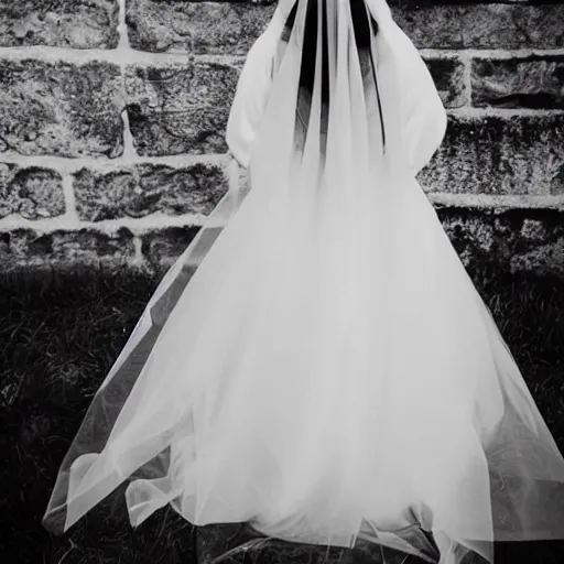 Image similar to ghost girl blindfolded in black wedding dress