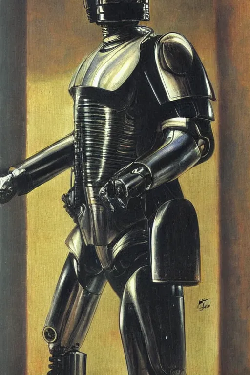 Image similar to a pre raphaelite painting of robocop by dante gabriel rossett