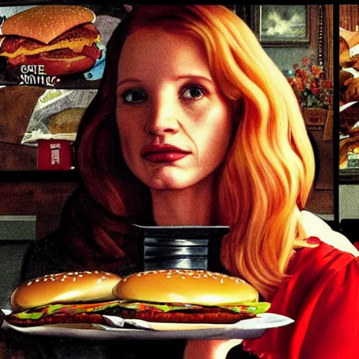 Prompt: jessica chastain eating a massive big mac hamburger, extra pickles and onions, ultra detailed, style of norman rockwell, style of richard corben, 4 k, rule of thirds.